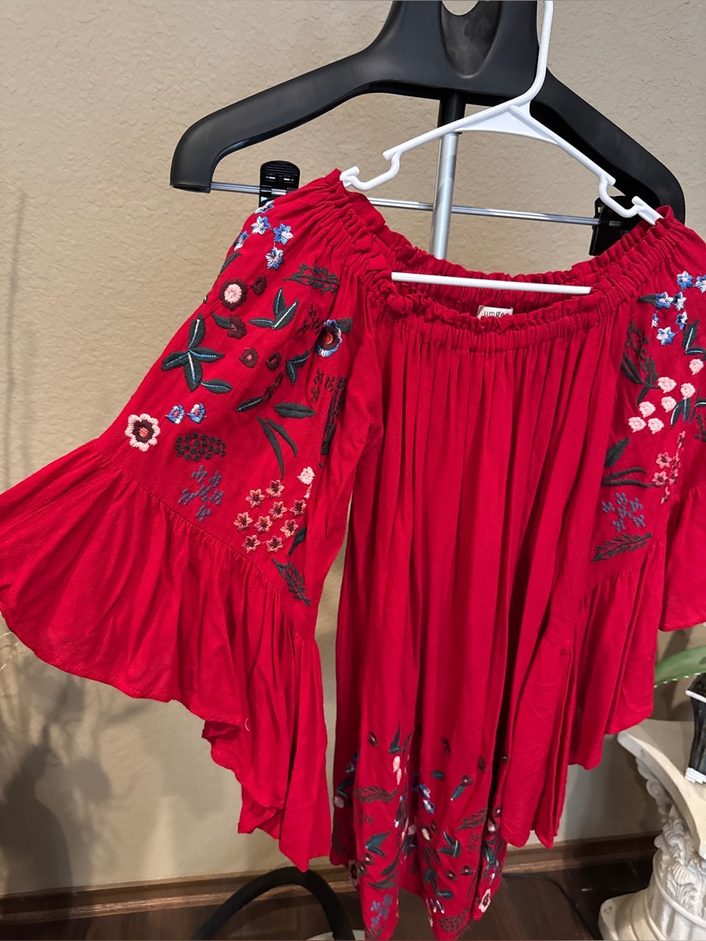 Umgee Red Embroidered Smocked Peasant Off-Shoulder Top